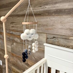 Handmade Mini Baby Mobile- Felt Cloud with Cheery Face and Black Rain Shower Pom